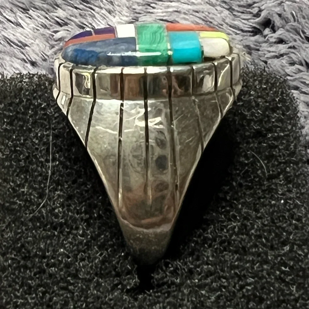 Men’s Native American Sterling Silver Multi Stone Inlay Signet Ring Size 9
